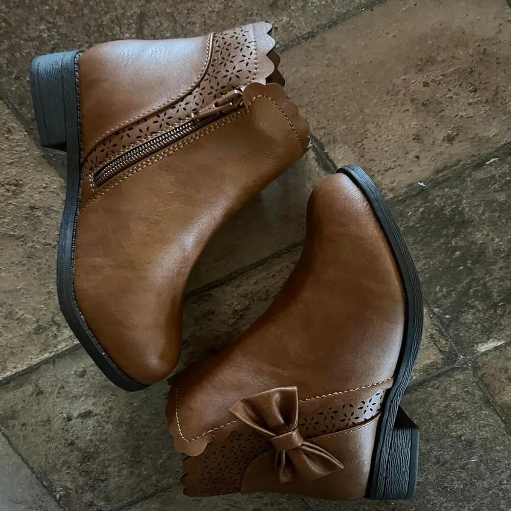 🆕Girls‎ Brown a Polyurethane Ankle Bow Side Zipper Outdoor Warm Low Heel Boot